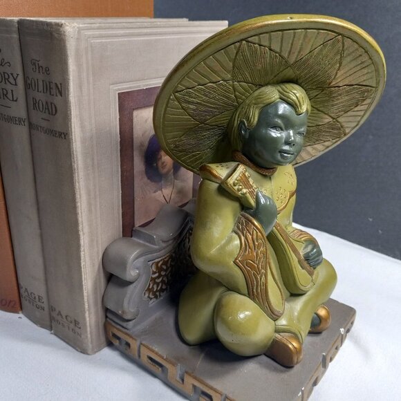 Vintage Bookends 1950s Chalkware Heavy Oriental Motif Felt Bottoms - Picture 2 of 16